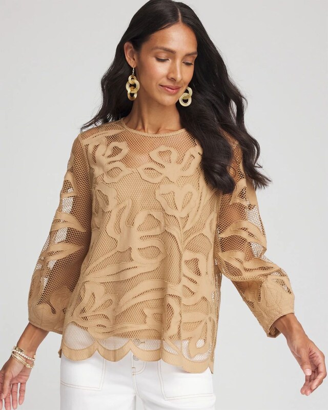 Floral-Motif Mesh 3/4 Sleeve Top - image 1